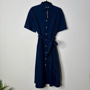 Polo Ralph Lauren Navy Blue Belted Midi Shirt Dress Poplin Cotton Big Pony